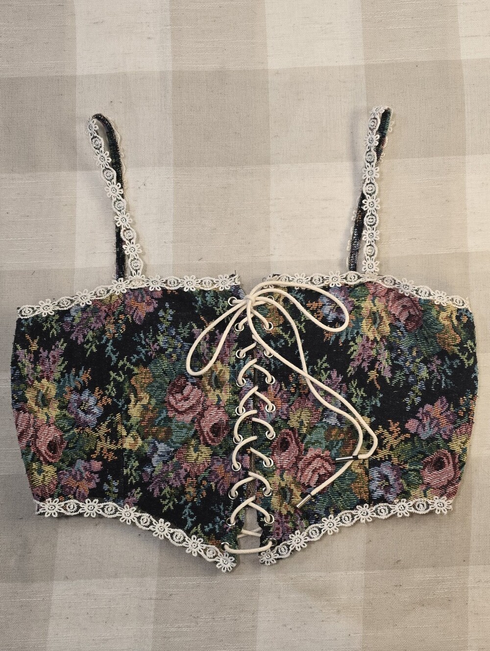 Renaissance/Festival Floral Jacquard Lace-Up Corset Top Rose Lace Zippper Size L